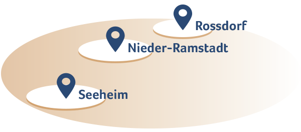 Lageskizze für unsere Filialen in Rossdorf, Nieder-Ramstadt und Seeheim!